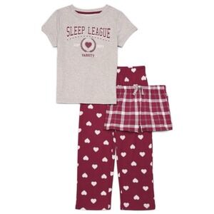 Wonder Nation-Girls-3 Piece Pajama PJ-Set-Heart-Plaid-Spring-Fall-Medium (7-8)